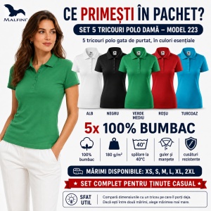 Set 5 Tricouri Polo Damă Malfini, 100% Bumbac – Alb, Negru, Verde, Roșu, Turcoaz - Img 4