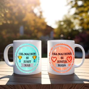 Set cadou 2 cani personalizate pentru cei mai buni Nasi!