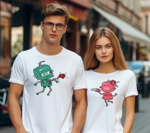 Set doua tricouri personalizate pentru cuplu Robotei iubareti cu magnet