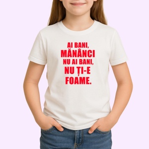 Tricou Ai Bani Mananci Nu Ai Bani Nu Tie Foame, din bumbac 100% , tricou alb pentru Copii | Dama | Barbat - Img 2