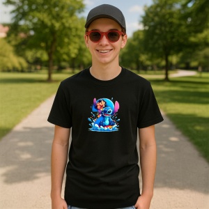Tricou Alfabet Cifra 2 cu Lilo si Stitch albastru, veselie mare, Negru, Unisex Dama si Barbat | Copii - Img 4