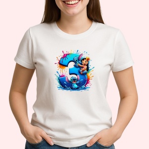 Tricou Alfabet Cifra 3 cu fluturi colorati, stele aurii, flori colorate, Alb, Unisex Dama si Barbat | Copii - Img 3