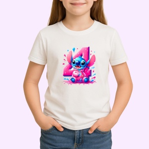 Tricou Alfabet Cifra 4 cu Stitch Roz fericit, explozie de culori, Alb, Unisex Dama si Barbat | Copii - Img 2