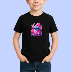 Tricou Alfabet Cifra 4 cu Stitch Roz fericit, explozie de culori, Negru, Unisex Dama si Barbat | Copii - Img 2