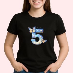 Tricou Alfabet Cifra 5 cu fluturi colorati, stele aurii, flori colorate, Negru, Unisex Dama si Barbat | Copii