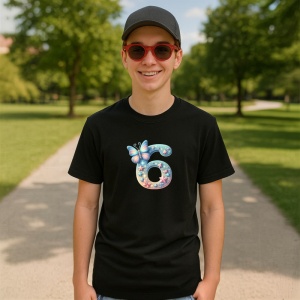 Tricou Alfabet Cifra 6 cu fluturi colorati, stele aurii, flori colorate, Negru, Unisex Dama si Barbat | Copii - Img 5