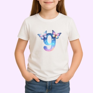Tricou Alfabet Cifra 9 cu fluturi colorati, stele aurii, flori colorate, Alb, Unisex Dama si Barbat | Copii - Img 2