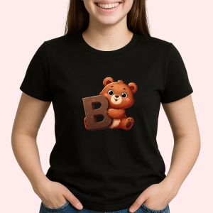 Tricou Alfabet Litera B cu animal Bear Urs, Negru, Unisex Dama si Barbat | Copii