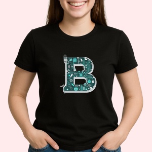 Tricou Alfabet Litera B cu circuite, cyber, tehnologie, Negru, Unisex Dama si Barbat | Copii