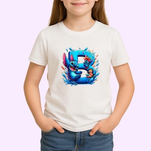 Tricou Alfabet Litera B cu Lilo si Stitch albastru, veselie mare, Alb, Unisex Dama si Barbat | Copii - Img 2