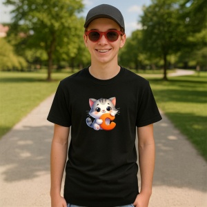 Tricou Alfabet Litera C cu animal Cat Pisica, Negru, Unisex Dama si Barbat | Copii - Img 4