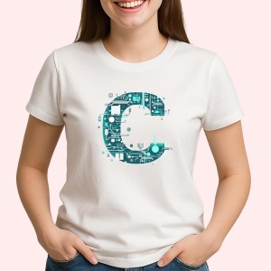 Tricou Alfabet Litera C cu circuite, cyber, tehnologie, Alb, Unisex Dama si Barbat | Copii