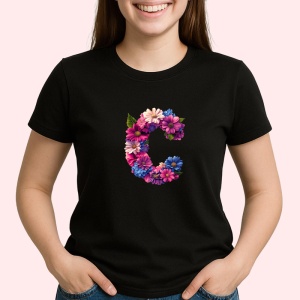 Tricou Alfabet Litera C cu flori, margarete, flori colorate, Negru, Unisex Dama si Barbat | Copii