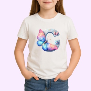 Tricou Alfabet Litera C cu fluturi colorati, stele aurii, flori colorate, Alb, Unisex Dama si Barbat | Copii - Img 2