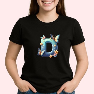Tricou Alfabet Litera D cu fluturi colorati, stele aurii, flori colorate, Negru, Unisex Dama si Barbat | Copii