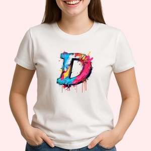 Tricou Alfabet Litera D cu graffiti, design exploziv, arta urbana, Alb, Unisex Dama si Barbat | Copii