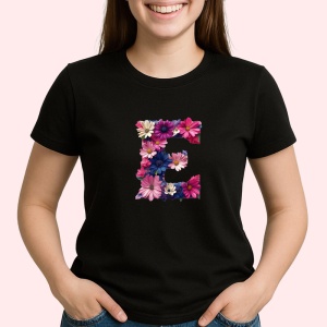 Tricou Alfabet Litera E cu flori, margarete, flori colorate, Negru, Unisex Dama si Barbat | Copii