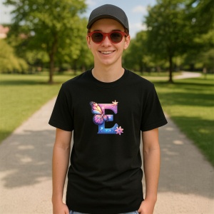 Tricou Alfabet Litera E cu fluturi colorati, stele aurii, flori colorate, Negru, Unisex Dama si Barbat | Copii - Img 4