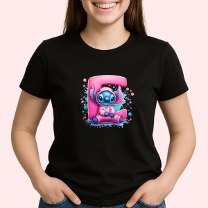 Tricou Alfabet Litera E cu Stitch Roz fericit, explozie de culori, Negru, Unisex Dama si Barbat | Copii