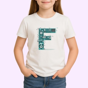 Tricou Alfabet Litera F cu circuite, cyber, tehnologie, Alb, Unisex Dama si Barbat | Copii - Img 2