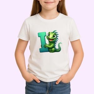 Tricou Alfabet Litera I cu animal Iguana , Alb, Unisex Dama si Barbat | Copii