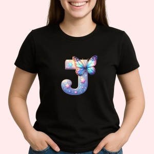 Tricou Alfabet Litera J cu fluturi colorati, stele aurii, flori colorate, Negru, Unisex Dama si Barbat | Copii