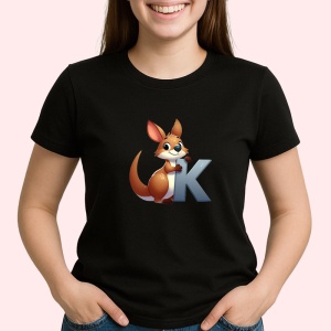 Tricou Alfabet Litera K cu animal Kangaroo Kangur, Negru, Unisex Dama si Barbat | Copii