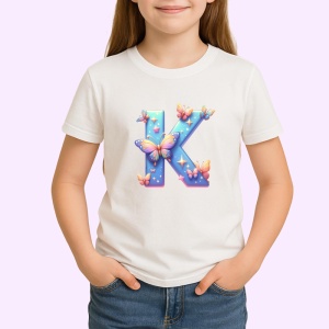 Tricou Alfabet Litera K cu fluturi colorati, stele aurii, flori colorate, Alb, Unisex Dama si Barbat | Copii - Img 2