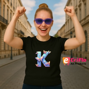 Tricou Alfabet Litera K cu fluturi colorati, stele aurii, flori colorate, Negru, Unisex Dama si Barbat | Copii - Img 3
