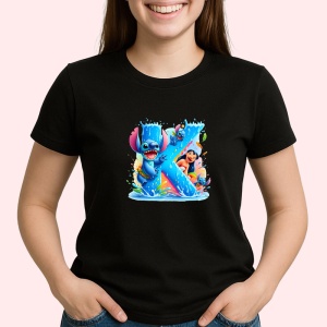 Tricou Alfabet Litera K cu Lilo si Stitch albastru, veselie mare, Mare, Negru, Unisex Dama si Barbat | Copii - Img 2