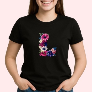 Tricou Alfabet Litera L cu flori, margarete, flori colorate, Negru, Unisex Dama si Barbat | Copii