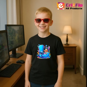 Tricou Alfabet Litera L cu Lilo si Stitch albastru, veselie mare, Mare, Negru, Unisex Dama si Barbat | Copii - Img 4