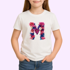 Tricou Alfabet Litera M cu flori, margarete, flori colorate, Alb, Unisex Dama si Barbat | Copii - Img 2