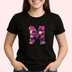 Tricou Alfabet Litera M cu flori, margarete, flori colorate, Negru, Unisex Dama si Barbat | Copii