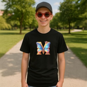 Tricou Alfabet Litera M cu fluturi colorati, stele aurii, flori colorate, Negru, Unisex Dama si Barbat | Copii - Img 4