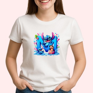 Tricou Alfabet Litera M cu Lilo si Stitch albastru, veselie mare, Alb, Unisex Dama si Barbat | Copii