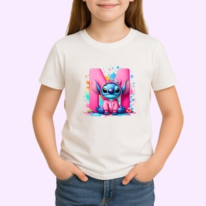 Tricou Alfabet Litera M cu Stitch Roz fericit, explozie de culori, Alb, Unisex Dama si Barbat | Copii - Img 2