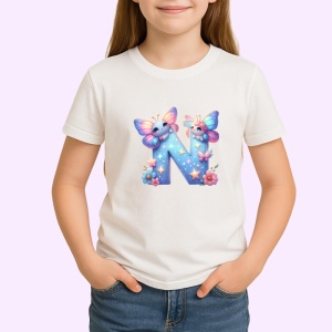 Tricou Alfabet Litera N cu fluturi colorati, stele aurii, flori colorate, Alb, Unisex Dama si Barbat | Copii - Img 2