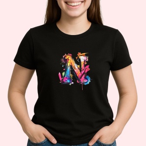 Tricou Alfabet Litera N cu graffiti, design exploziv, arta urbana, Negru, Unisex Dama si Barbat | Copii