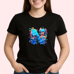 Tricou Alfabet Litera N cu Lilo si Stitch albastru, veselie mare, Mare, Negru, Unisex Dama si Barbat | Copii - Img 2