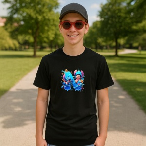 Tricou Alfabet Litera N cu Lilo si Stitch albastru, veselie mare, Mare, Negru, Unisex Dama si Barbat | Copii - Img 7