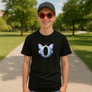 Tricou Alfabet Litera O cu fluturi colorati, stele aurii, flori colorate, Negru, Unisex Dama si Barbat | Copii - Img 5