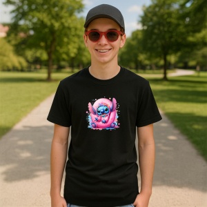 Tricou Alfabet Litera O cu Lilo si Stitch albastru, veselie mare, Negru, Unisex Dama si Barbat | Copii - Img 7