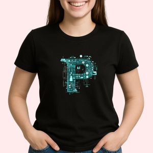Tricou Alfabet Litera P cu circuite, cyber, tehnologie, Negru, Unisex Dama si Barbat | Copii