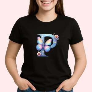 Tricou Alfabet Litera P cu fluturi colorati, stele aurii, flori colorate, Negru, Unisex Dama si Barbat | Copii
