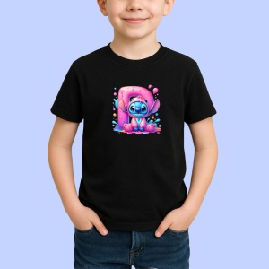 Tricou Alfabet Litera P cu Stitch Roz fericit, explozie de culori, Negru, Unisex Dama si Barbat | Copii - Img 2