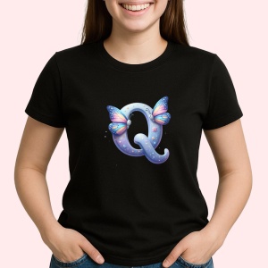 Tricou Alfabet Litera Q cu fluturi colorati, stele aurii, flori colorate, Negru, Unisex Dama si Barbat | Copii
