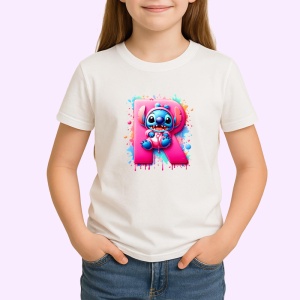 Tricou Alfabet Litera R cu Stitch Roz fericit, explozie de culori, Alb, Unisex Dama si Barbat | Copii - Img 2