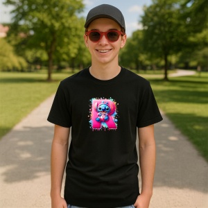 Tricou Alfabet Litera R cu Stitch Roz fericit, explozie de culori, Negru, Unisex Dama si Barbat | Copii - Img 4