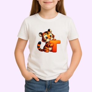 Tricou Alfabet Litera T cu animal Tiger Tigru , Alb, Unisex Dama si Barbat | Copii